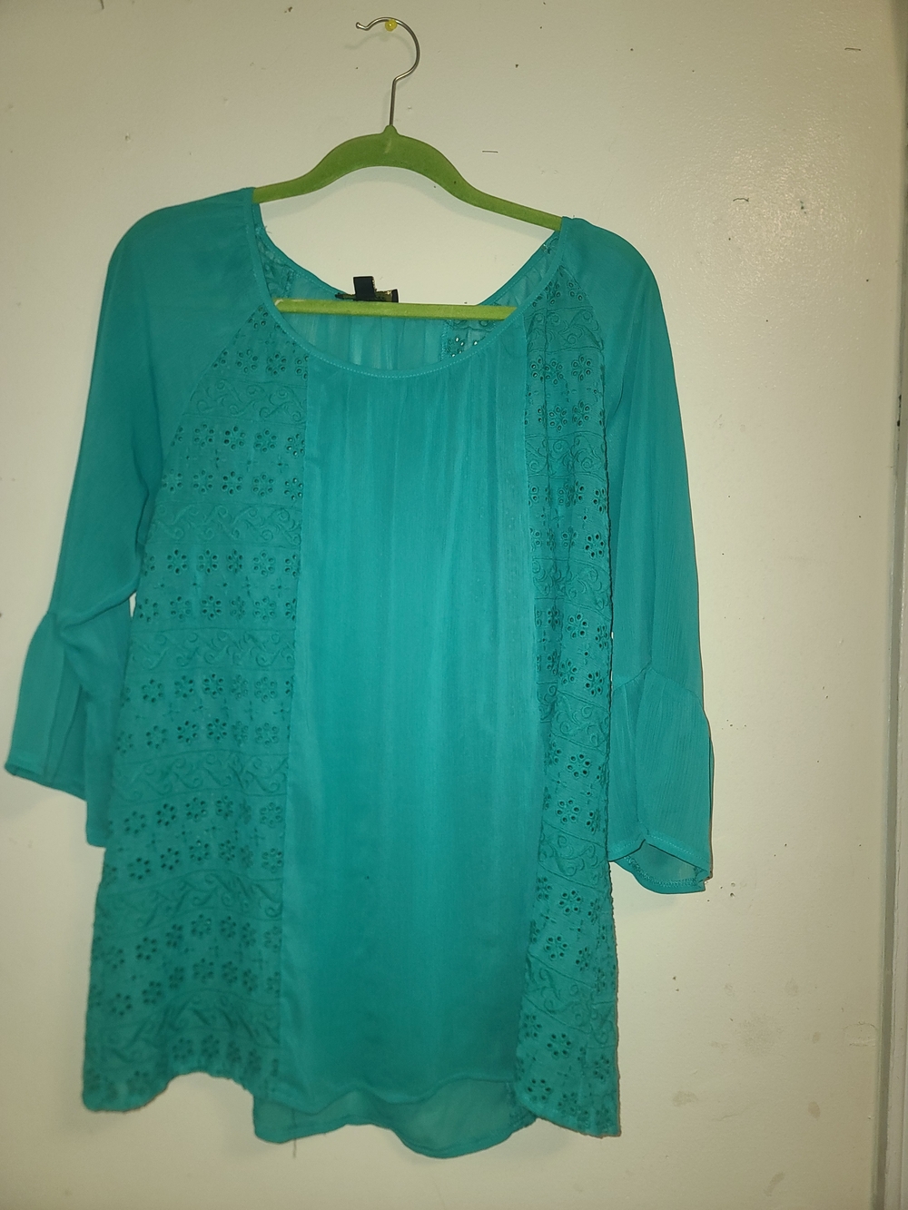 Teal Lace-Panel Women's Blouse with Scoop Neck